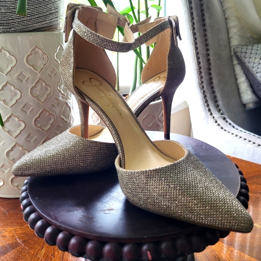 Jessica Simpson Silver Stiletto Heels with Ankle Strap
